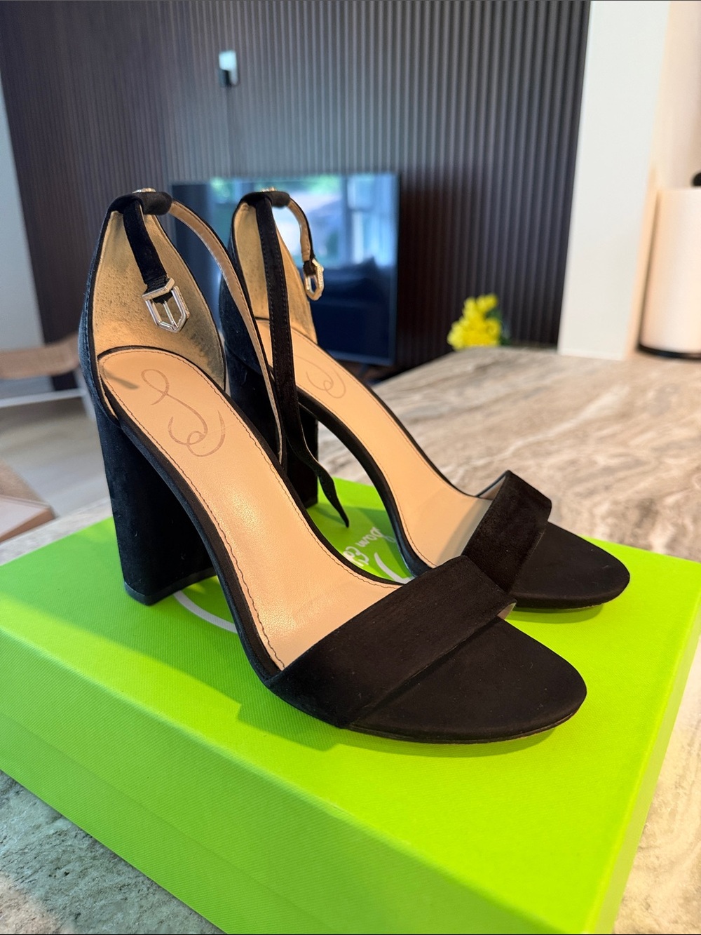 Sam Edelman Yaro Black Suede Block Heel Sandals with Ankle Strap